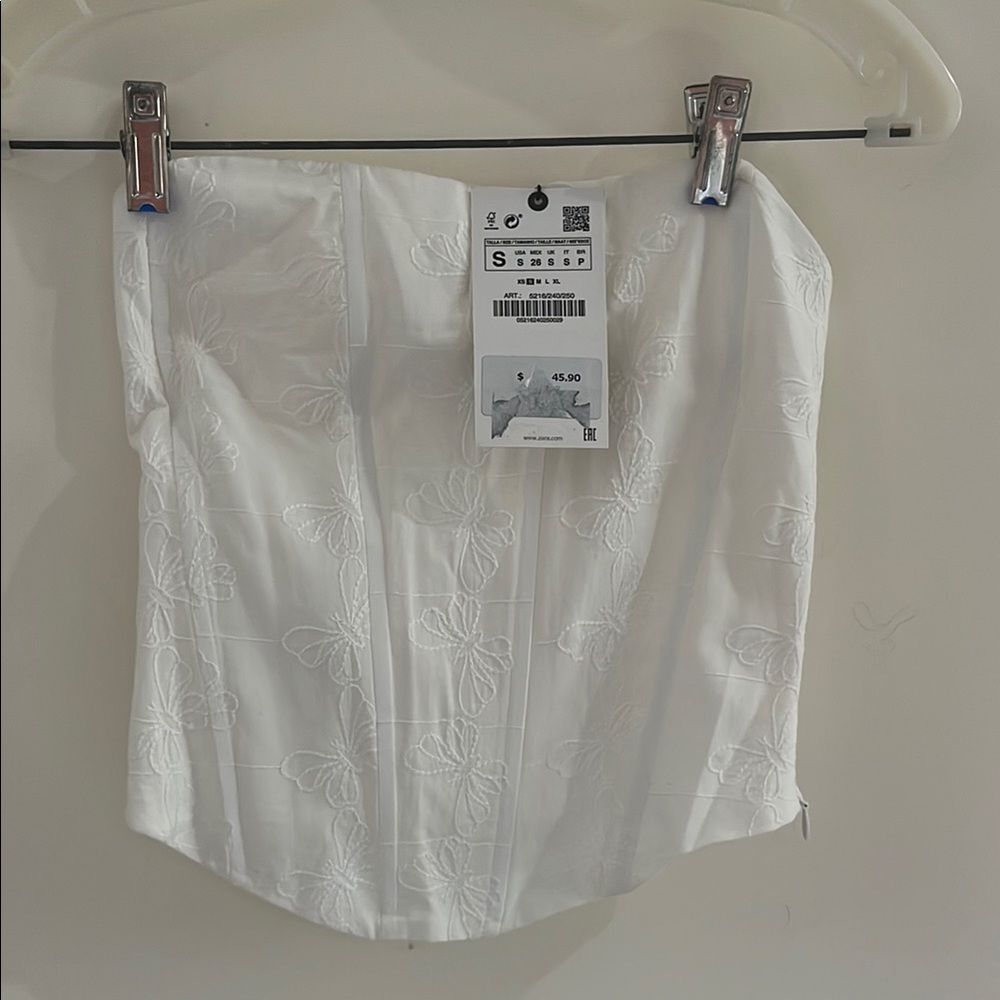 Zara White Embroidered Strapless Top